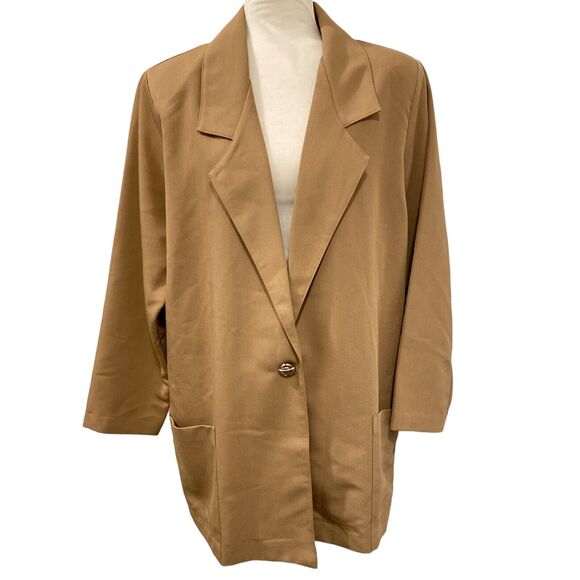 Roamans‎ Blazer Jacket Womens Size Medium Oversized Camel Shoulder Pads 1-Button - Picture 1 of 7